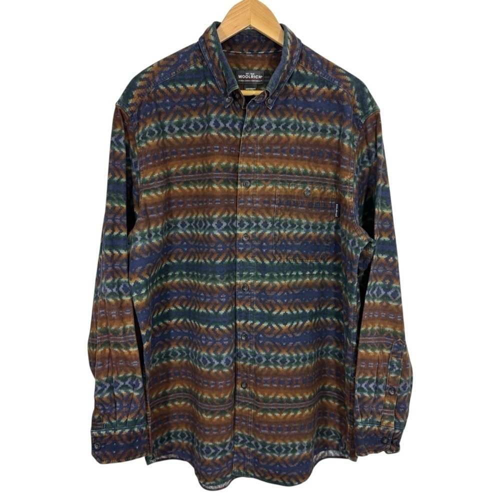 Woolrich Aztec Print Button Down Shirt Mens XL Neutrals 100% Cotton Long Sleeve